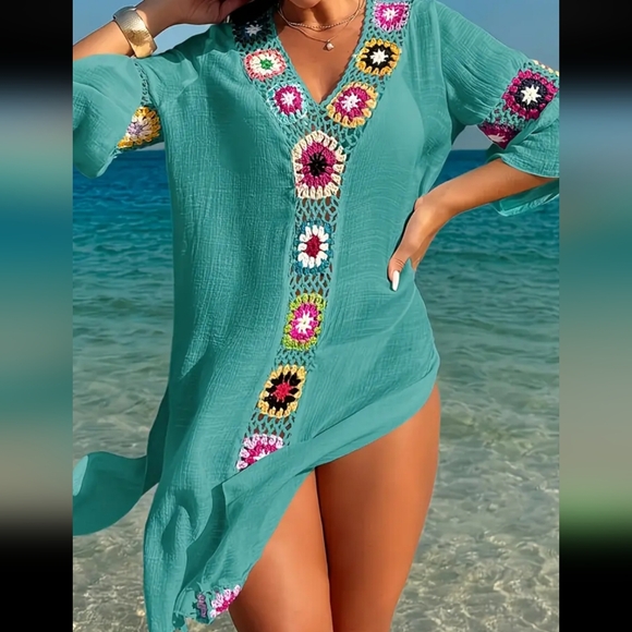 Teal Crochet Trim Swim Cover-Up - Picture 3 of 3